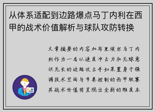 从体系适配到边路爆点马丁内利在西甲的战术价值解析与球队攻防转换